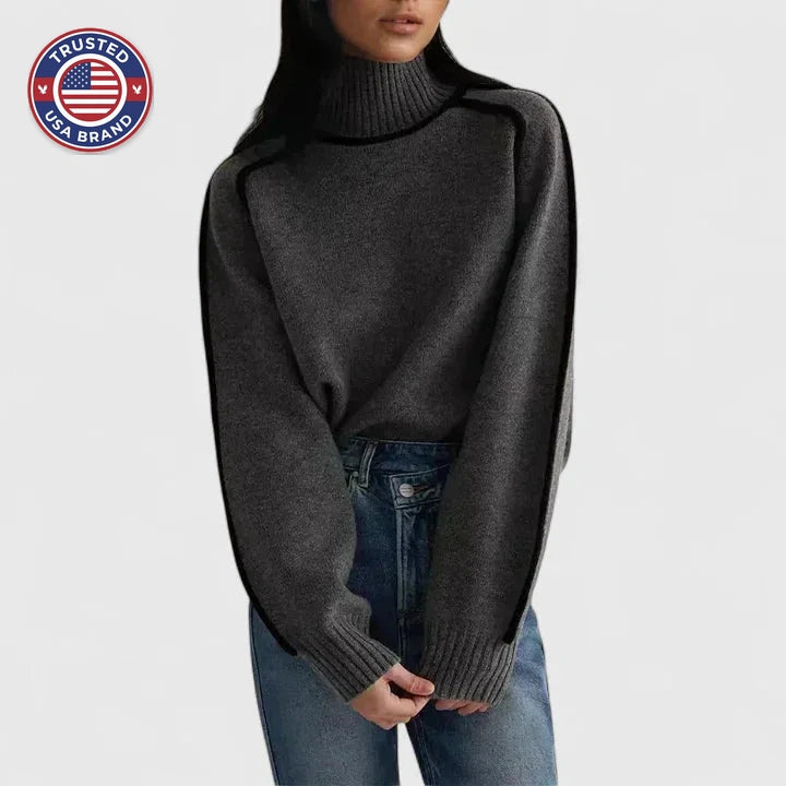 Women's knit winter roll neck sweater with contrast piping - Brown