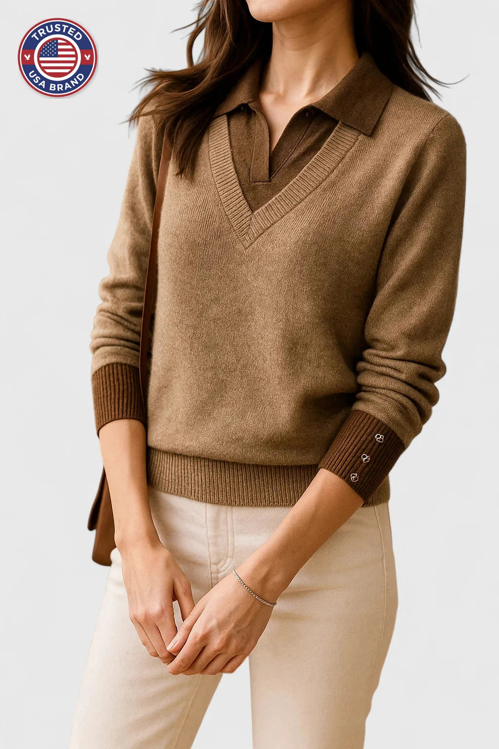 Women's knit collared winter sweater with contrast v-neck - Brown