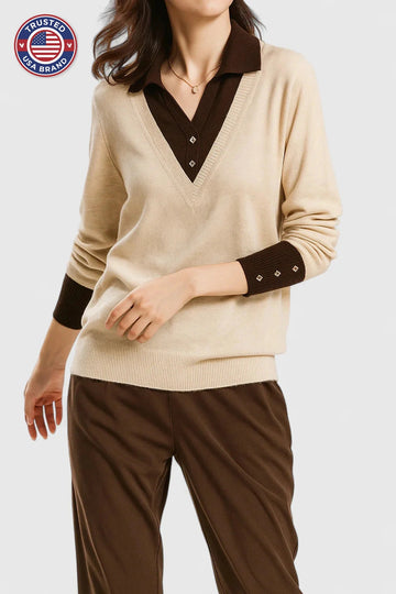 Women's knit collared winter sweater with contrast v-neck - Brown
