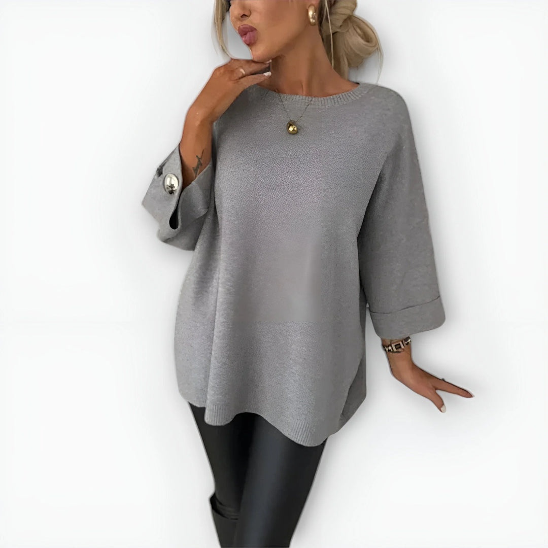 Women's knit crew neck winter sweater with buttoned cuffs - Gray