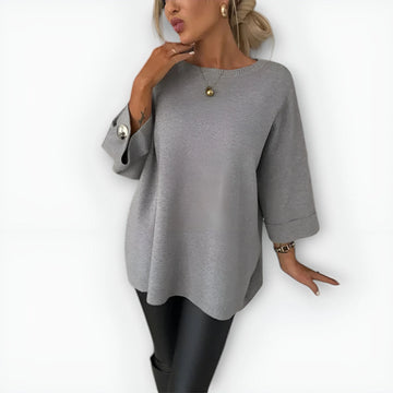 Women's knit crew neck winter sweater with buttoned cuffs - Gray