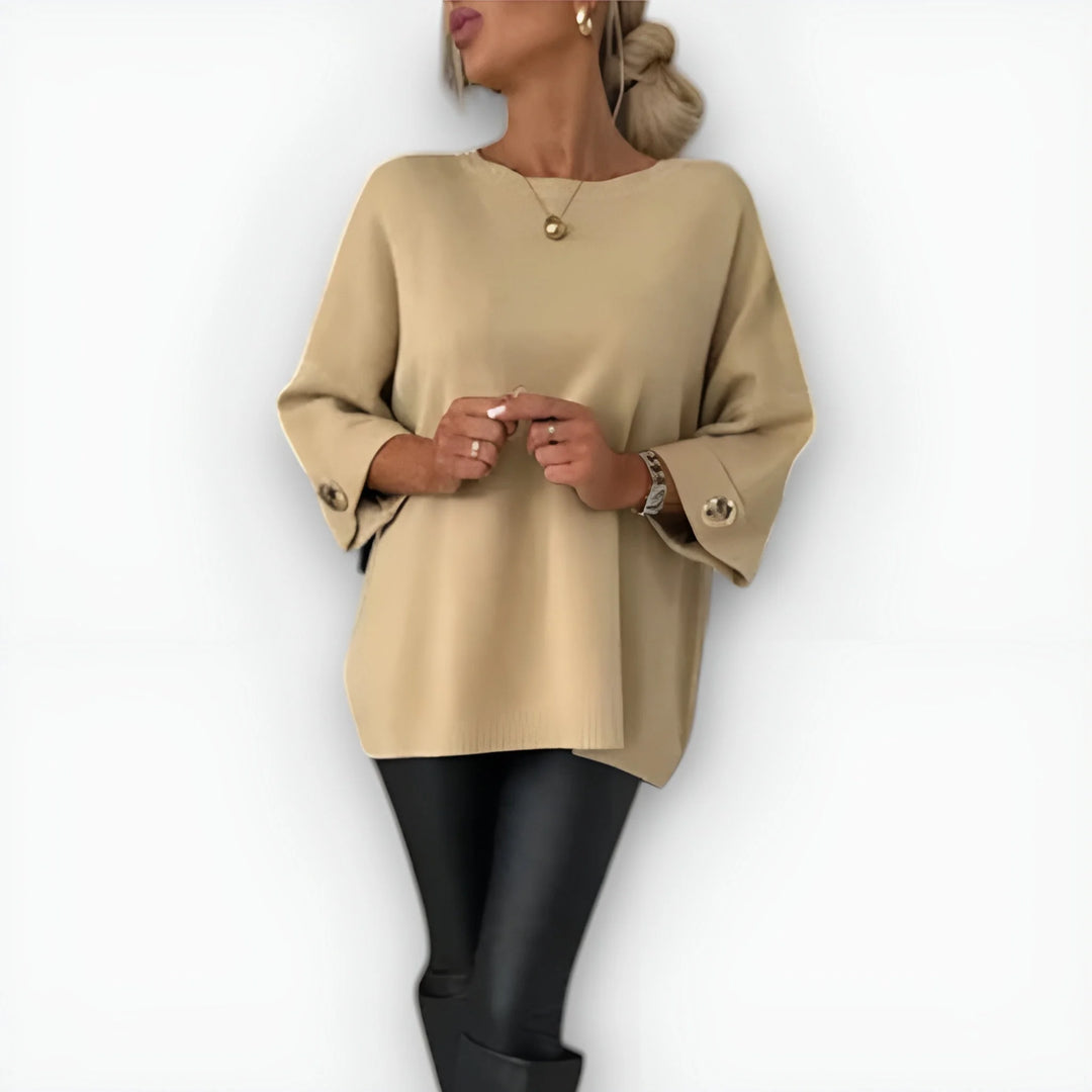Women's knit crew neck winter sweater with buttoned cuffs - Gray