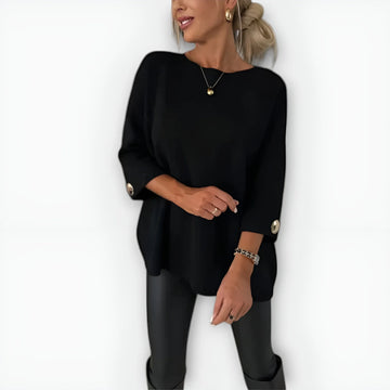 Women's knit crew neck winter sweater with buttoned cuffs - Gray