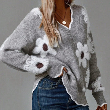 Women's floral knit v-neck winter sweater with scalloped trim - Gray