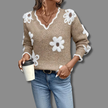 Women's floral knit v-neck winter sweater with scalloped trim - Gray