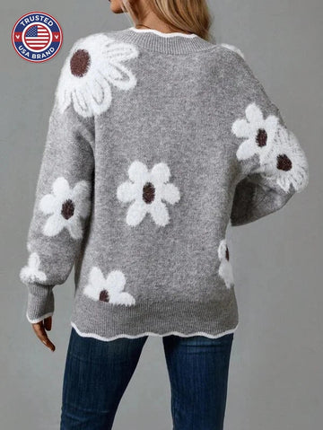 Women's floral knit v-neck winter sweater with scalloped trim - Gray
