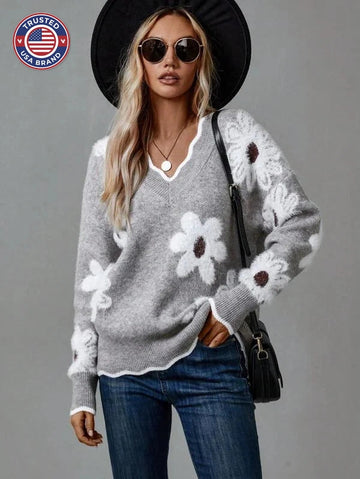 Women's floral knit v-neck winter sweater with scalloped trim - Gray