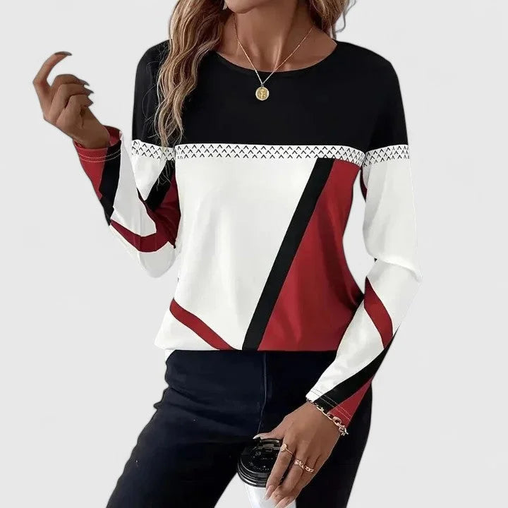 Women's colorblock crew neck winter sweatshirt with geometric design - Multi-colored