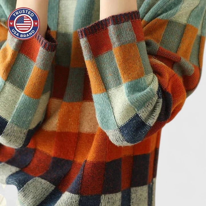 Women's check knit winter roll neck sweater - Multicolored