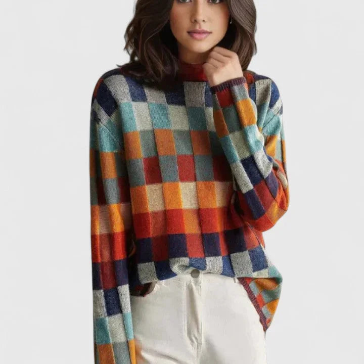 Women's check knit winter roll neck sweater - Multicolored