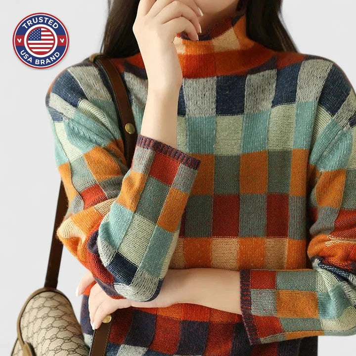 Women's check knit winter roll neck sweater - Multicolored