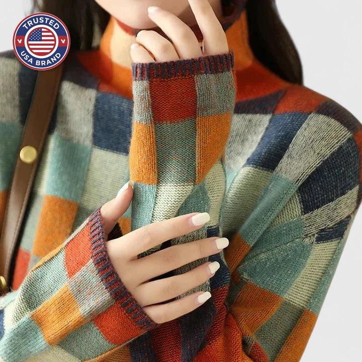 Women's check knit winter roll neck sweater - Multicolored