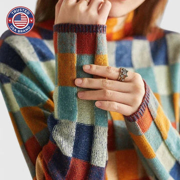 Women's check knit winter roll neck sweater - Multicolored