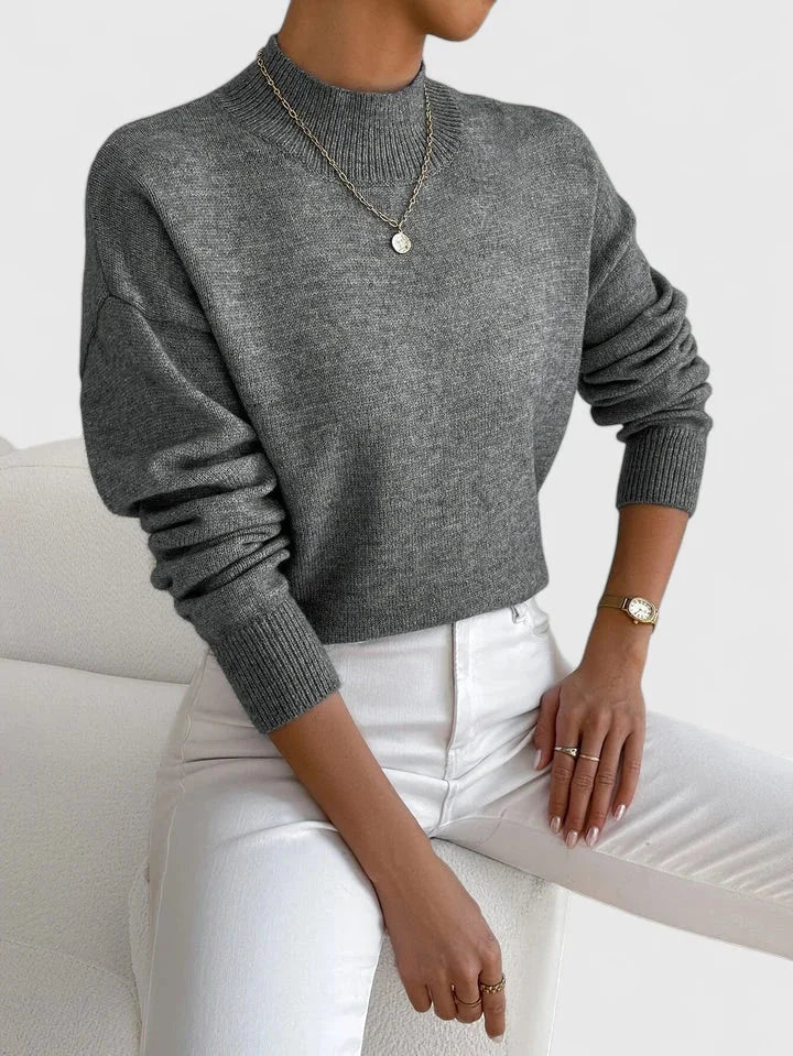 Women's knit stand collar winter sweater with ribbed cuffs and hem - White