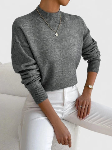 Women's knit stand collar winter sweater with ribbed cuffs and hem - White