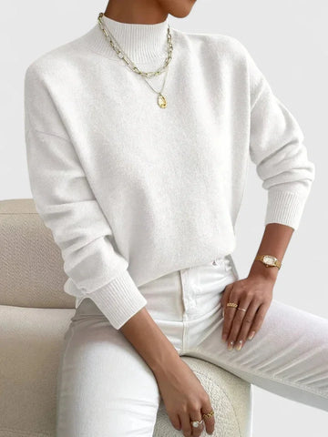 Women's knit stand collar winter sweater with ribbed cuffs and hem - White