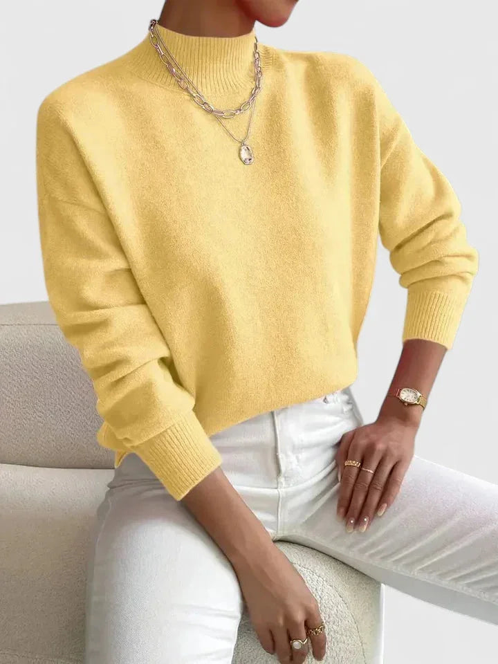 Women's knit stand collar winter sweater with ribbed cuffs and hem - White