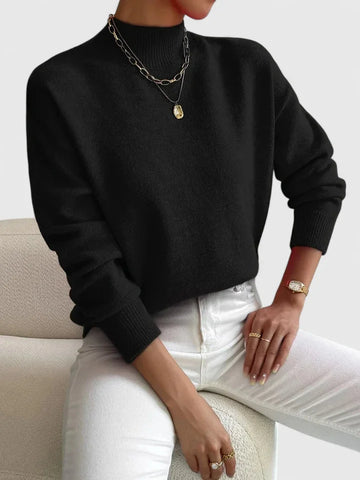 Women's knit stand collar winter sweater with ribbed cuffs and hem - White