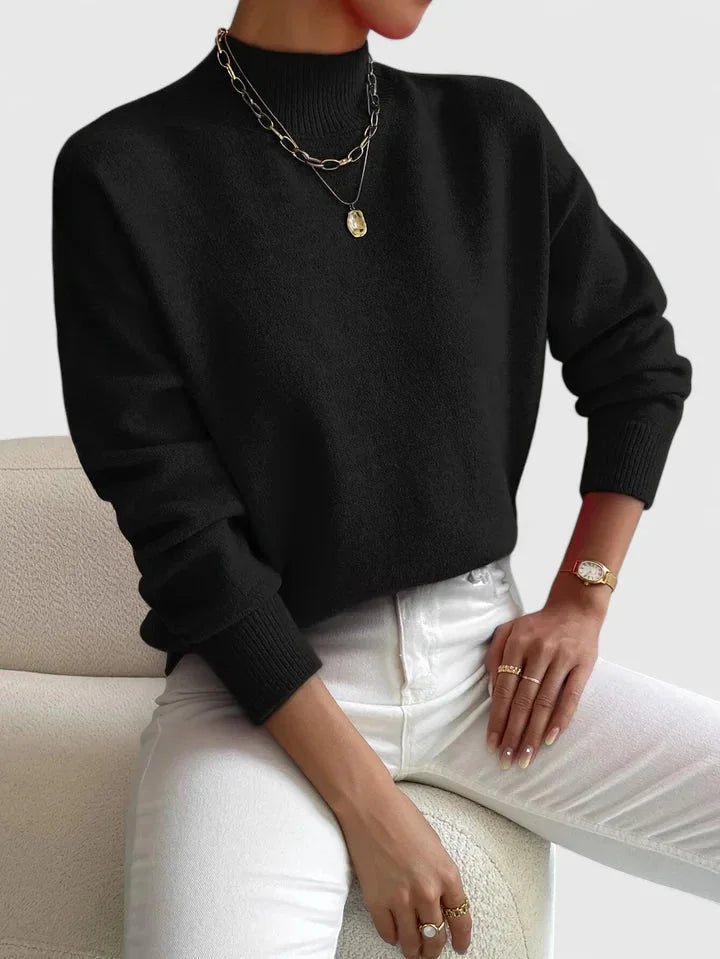 Women's knit stand collar winter sweater with ribbed cuffs and hem - White