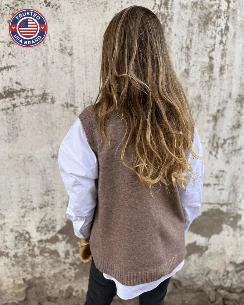 Women's knit v-neck winter sweater with ribbed hem - Brown