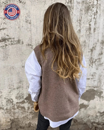 Women's knit v-neck winter sweater with ribbed hem - Brown