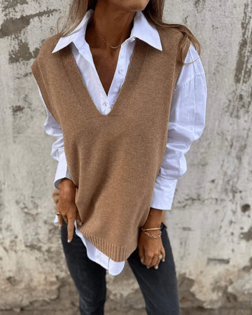 Women's knit v-neck winter sweater with ribbed hem - Brown