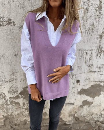 Women's knit v-neck winter sweater with ribbed hem - Brown