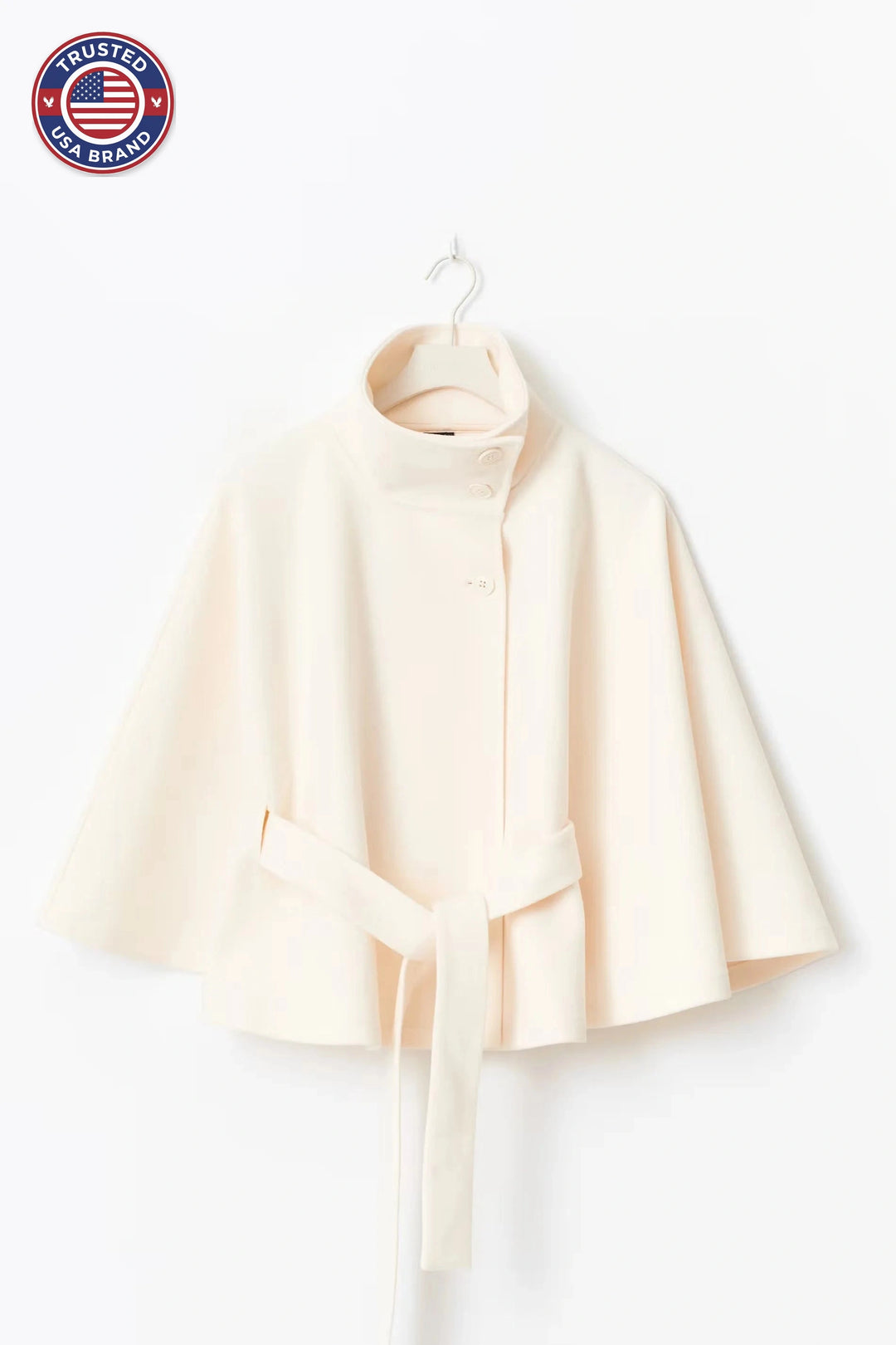 Elegant winter wool jacket for women with funnel neck batwing sleeve belted cape style