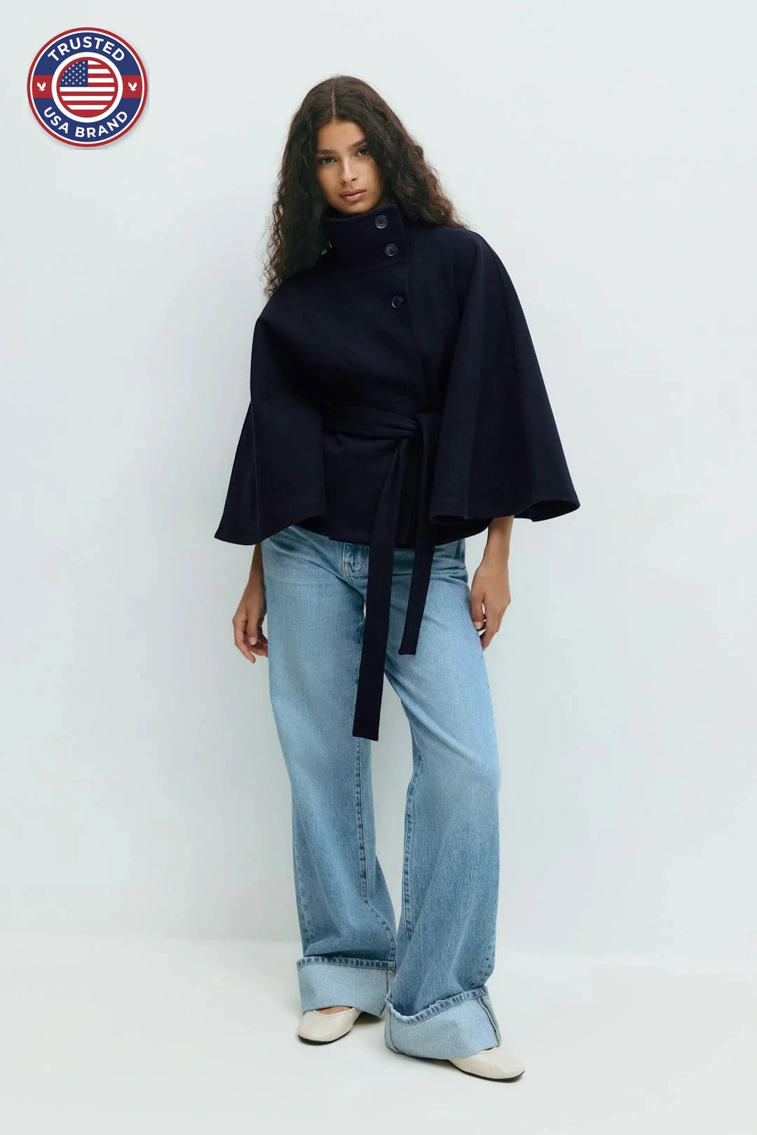 Elegant winter wool jacket for women with funnel neck batwing sleeve belted cape style
