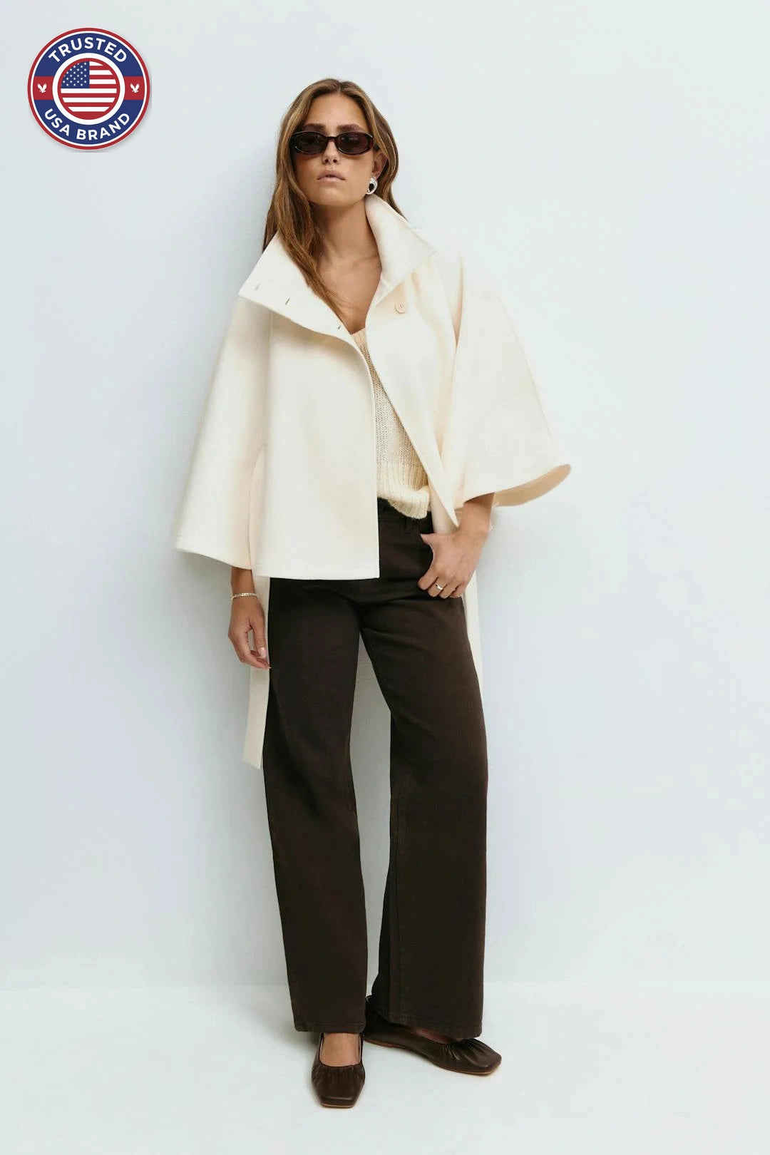 Elegant winter wool jacket for women with funnel neck batwing sleeve belted cape style