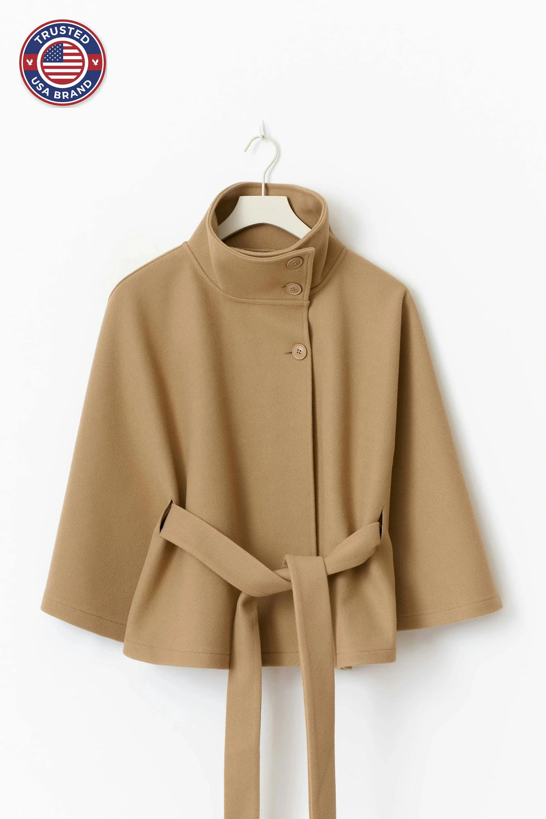 Elegant winter wool jacket for women with funnel neck batwing sleeve belted cape style