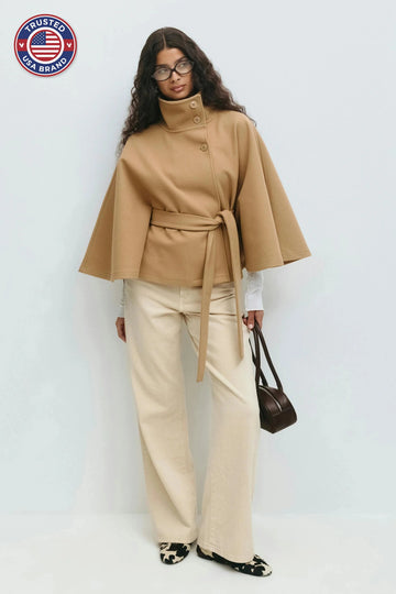 Elegant winter wool jacket for women with funnel neck batwing sleeve belted cape style