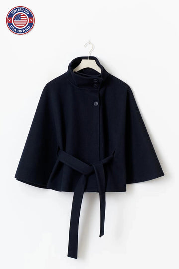 Elegant winter wool jacket for women with funnel neck batwing sleeve belted cape style