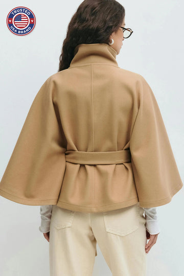 Elegant winter wool jacket for women with funnel neck batwing sleeve belted cape style