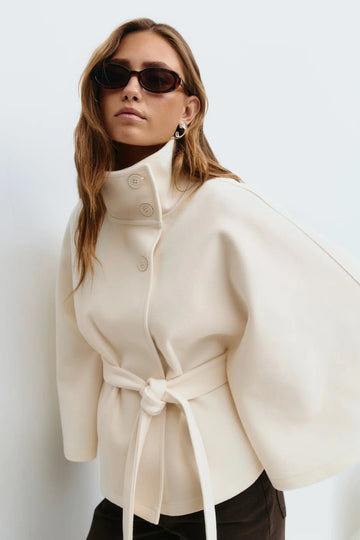 Elegant winter wool jacket for women with funnel neck batwing sleeve belted cape style in Beige