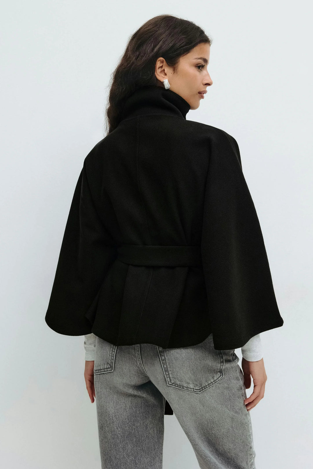 Elegant winter wool jacket for women with funnel neck batwing sleeve belted cape style in Black