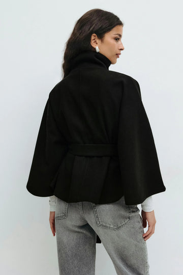 Elegant winter wool jacket for women with funnel neck batwing sleeve belted cape style in Black