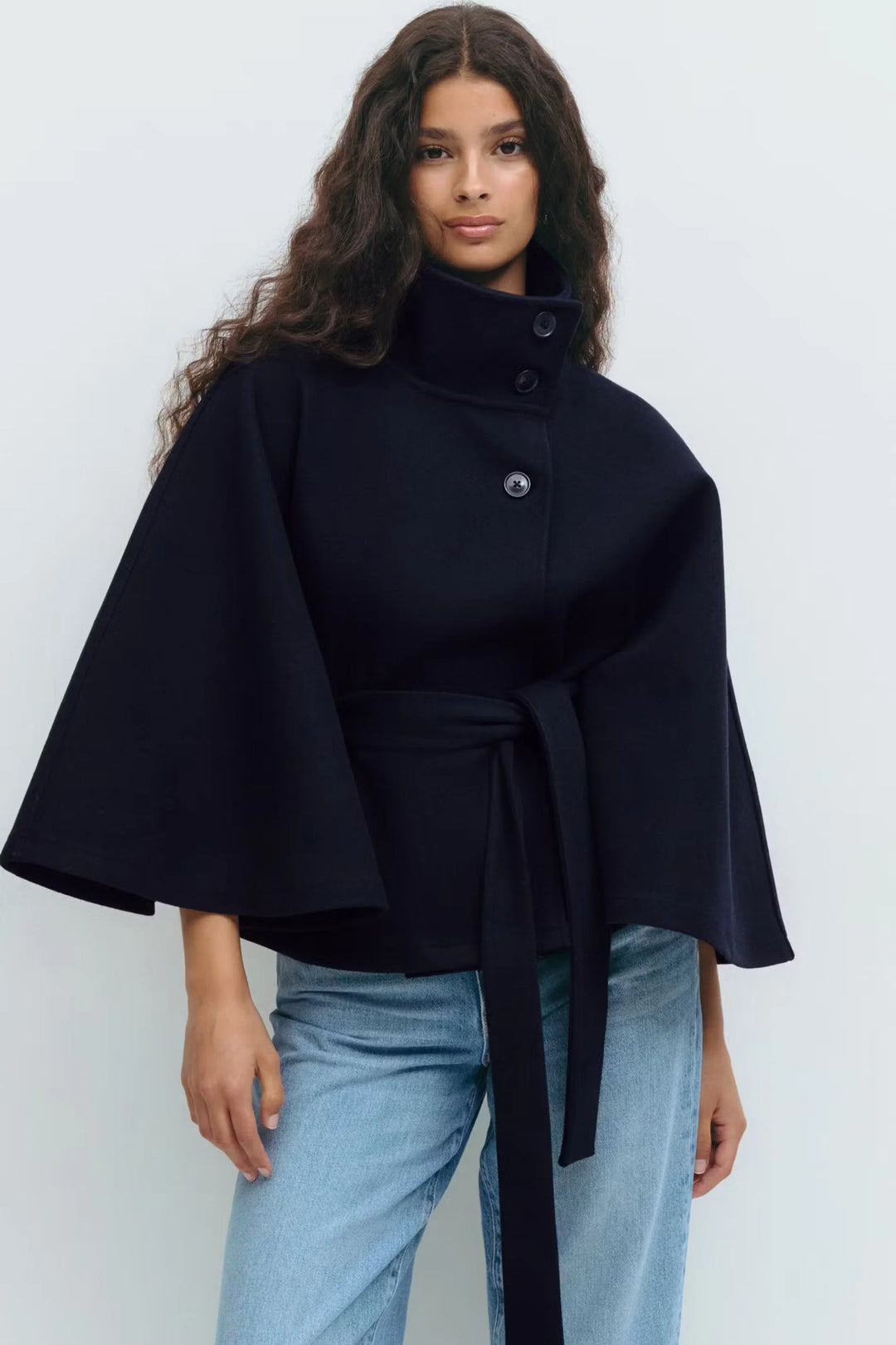Elegant winter wool jacket for women with funnel neck batwing sleeve belted cape style in Blue