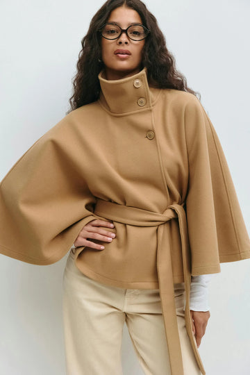 Elegant winter wool jacket for women with funnel neck batwing sleeve belted cape style in Brown