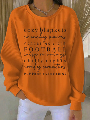 Women's ribbed crew neck winter sweater with text print front