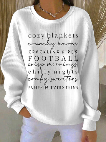 Women's ribbed crew neck winter sweater with text print front