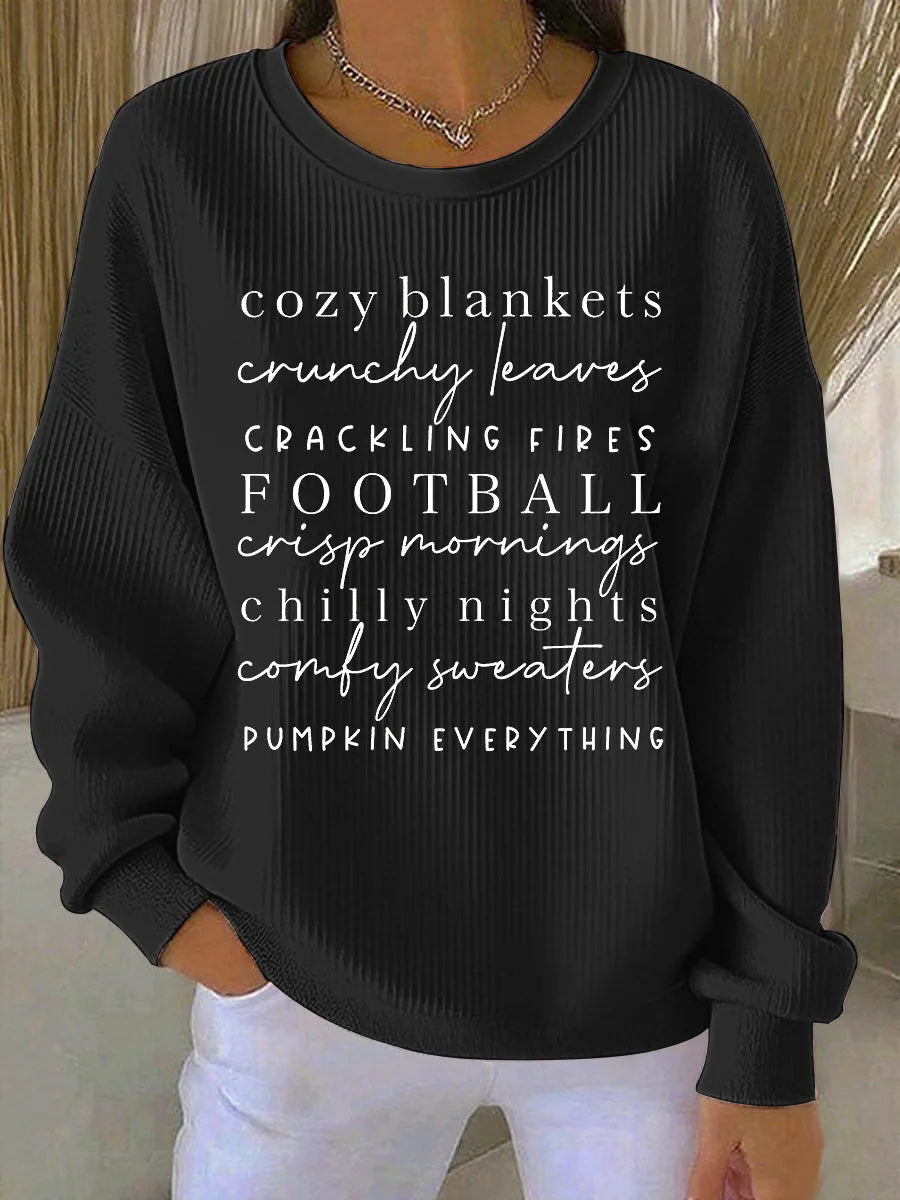 Women's ribbed crew neck winter sweater with text print front