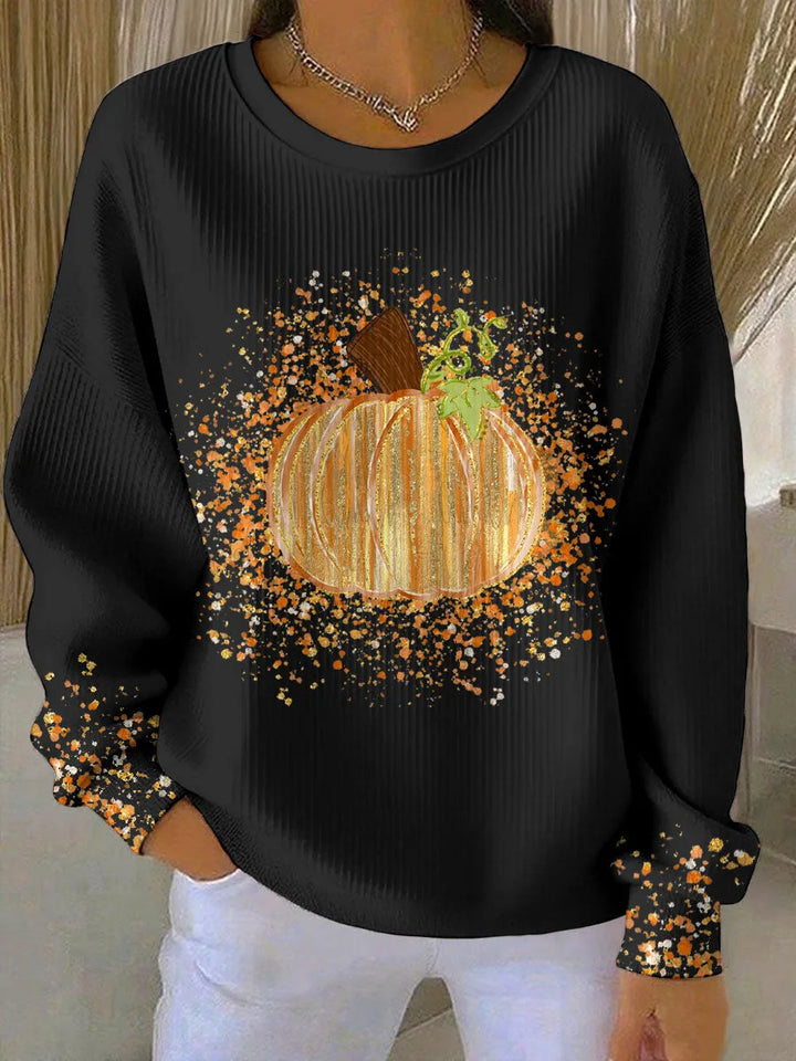 Women's ribbed crew neck winter sweater with pumpkin graphic