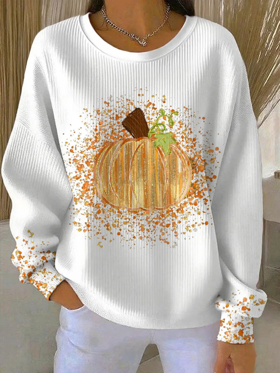 Women's ribbed crew neck winter sweater with pumpkin graphic