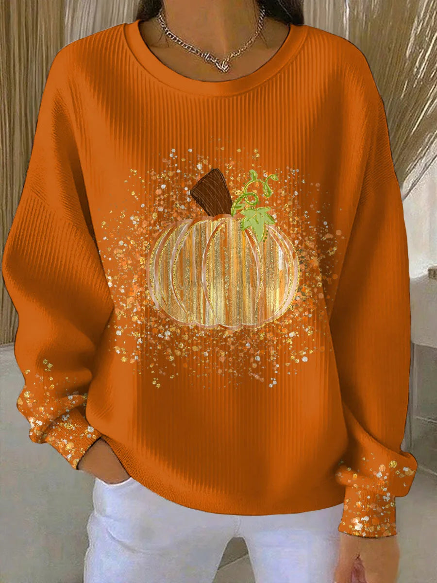 Women's ribbed crew neck winter sweater with pumpkin graphic