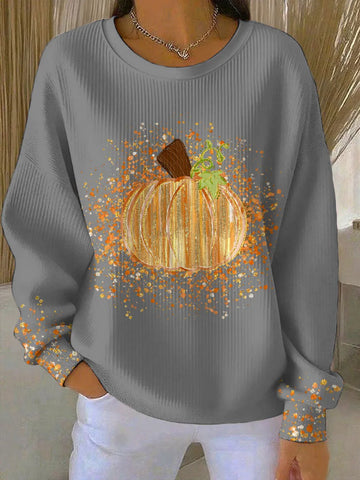Women's ribbed crew neck winter sweater with pumpkin graphic