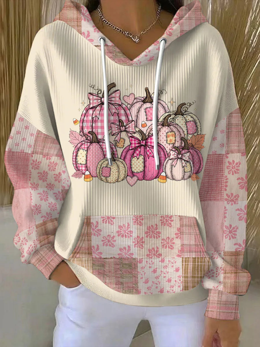 Women's ribbed winter hoodie with pumpkin graphic