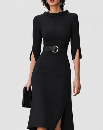 Women's Belted Mock Neck Winter Midi Dress with Split Sleeves