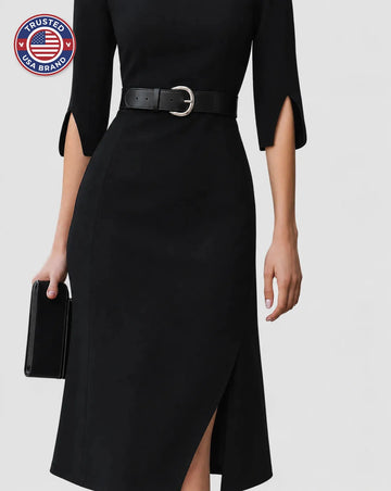 Women's Belted Mock Neck Winter Midi Dress with Split Sleeves