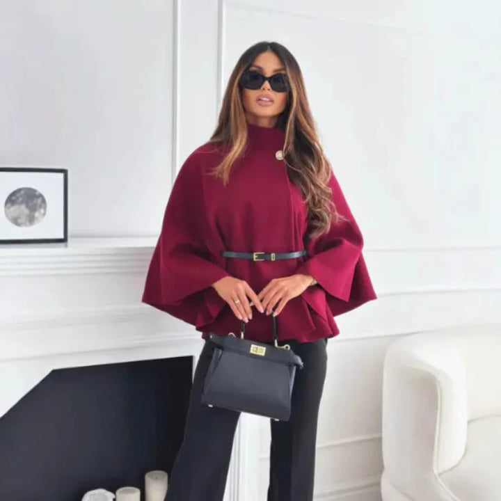 Women's belted wrap stand collar winter wool cape - Claret